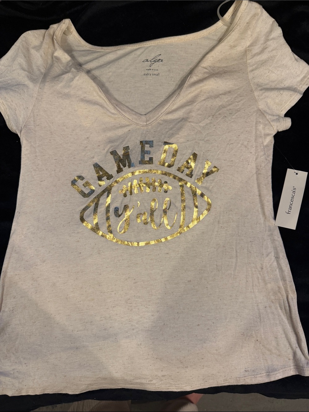 Alya Cream V-Neck Tee with Gold Foil Gameday Graphic